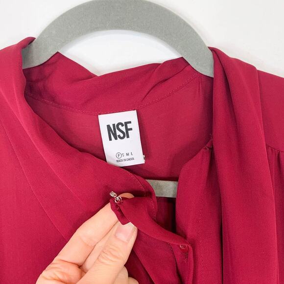 REVOLVE NSF silk sleeveless top neck tie frayed hem button front berry 3076 - Picture 6 of 11